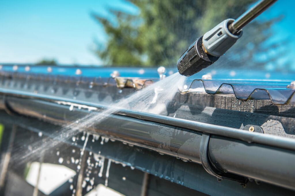 Close-up of a high-pressure water hose used to clean a metal roof gutter, vital for preventing emergency roof repairs. Water sprays from the nozzle, removing dirt and debris. The background shows a blurred tree against a clear blue sky.