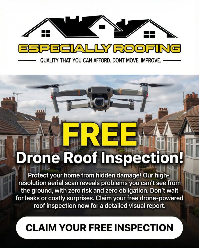 A flyer for Especially Roofing offers a free drone roof inspection, featuring a drone flying over houses. The text promotes free aerial roof inspections to detect hidden issues, with a button to claim a free inspection.